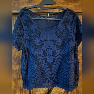 Express Navy Lace Embroidered Sheer Top Women’s Large
